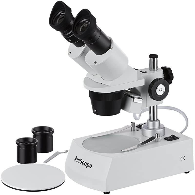 SE305R-PZ Forward Binocular Stereo Microscope, WF10x and WF20x Eyepieces, 10X-60X Magnification, 1X and 3X Objectives, Upper and Lower Halogen Light Source, Pillar Stand, 120V , White