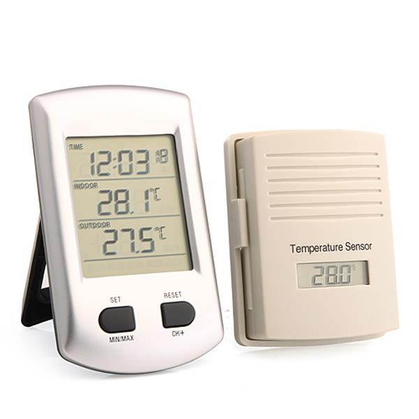 KG200 Wireless 2.7 Inch LCD Indoor and Outdoor Thermometer with Clock Silver