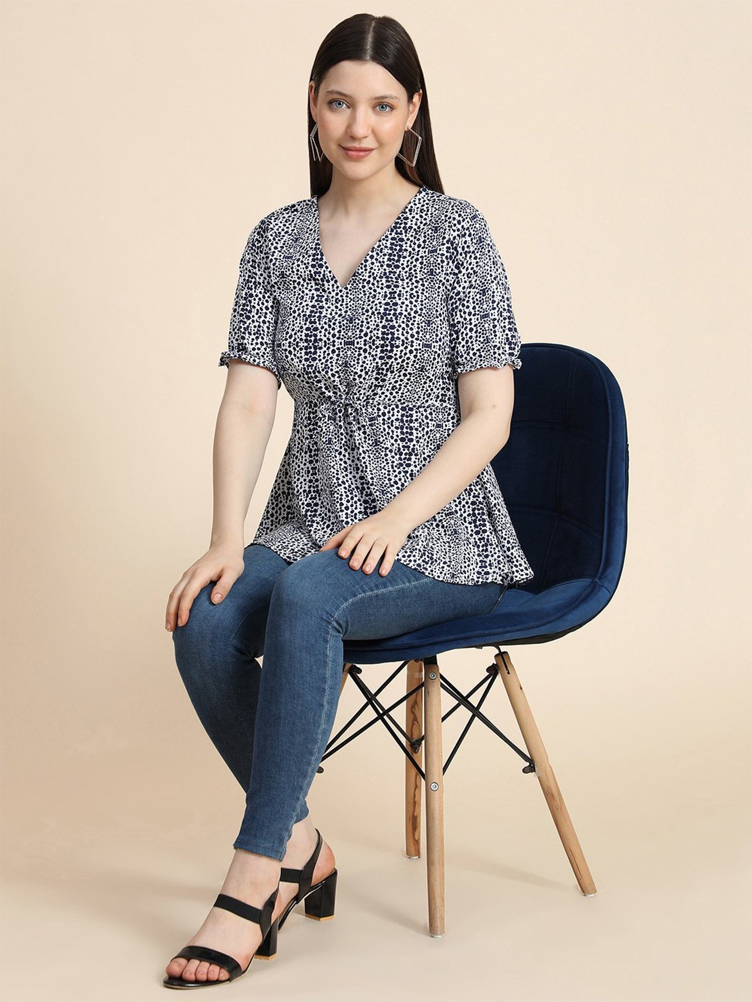 KERI PERRY White & Navy Printed Top