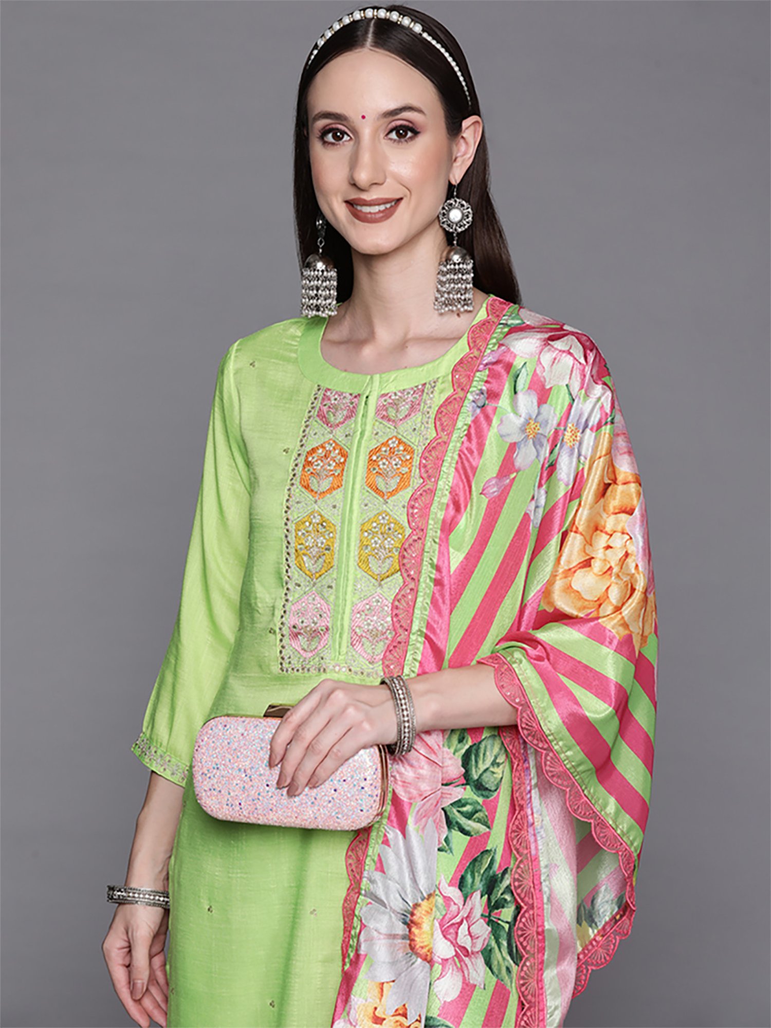 Indo Era Green Embroidered Kurta Pant Set With Dupatta
