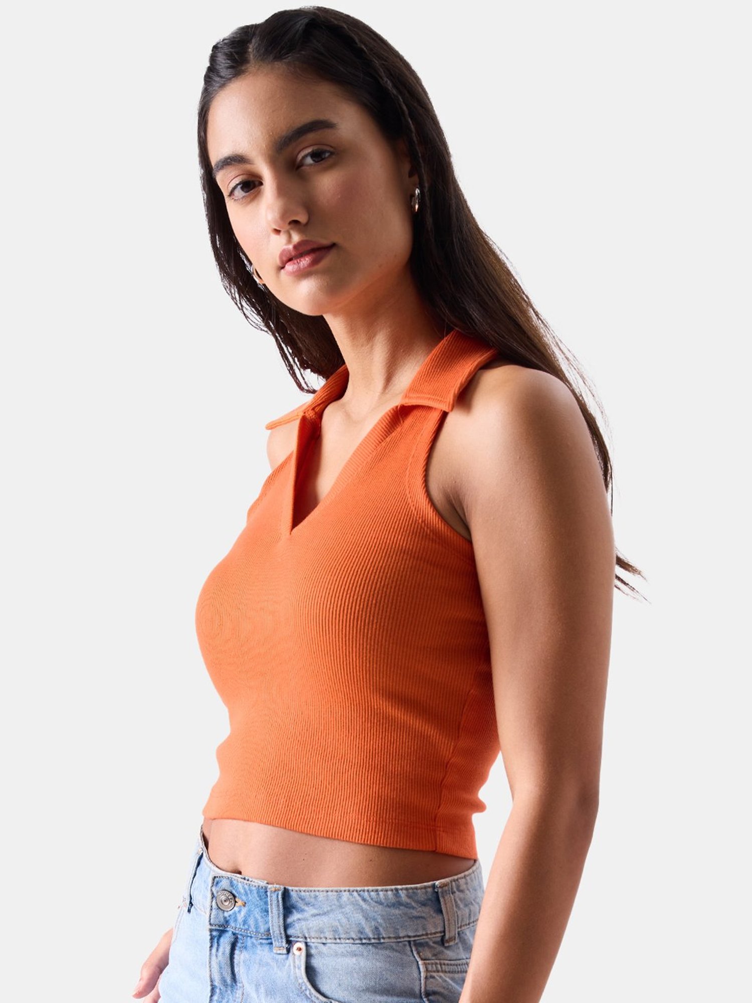 The Souled Store Orange Cotton Striped Crop Top