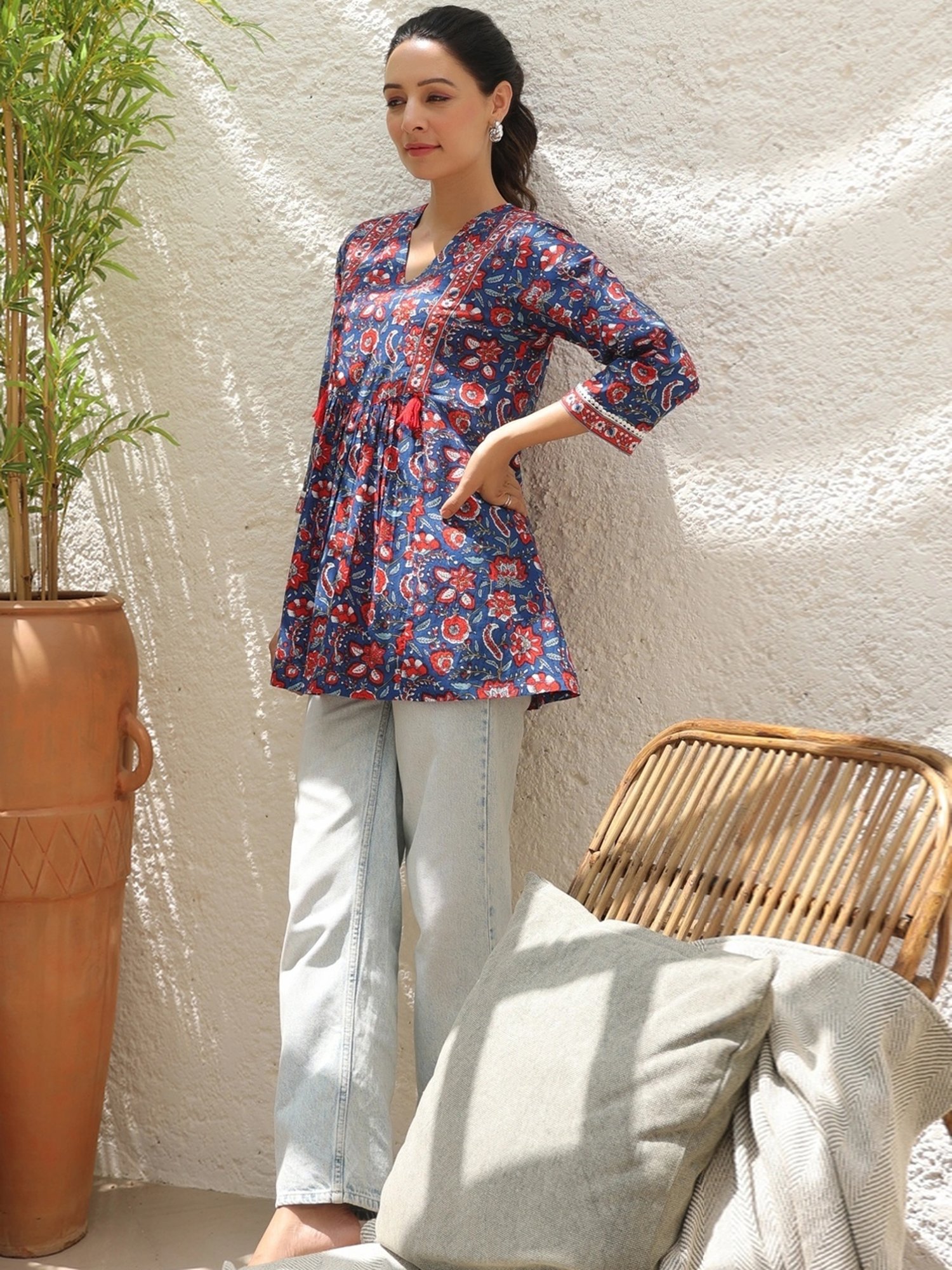 Rain and Rainbow Blue Cotton Floral Print Top