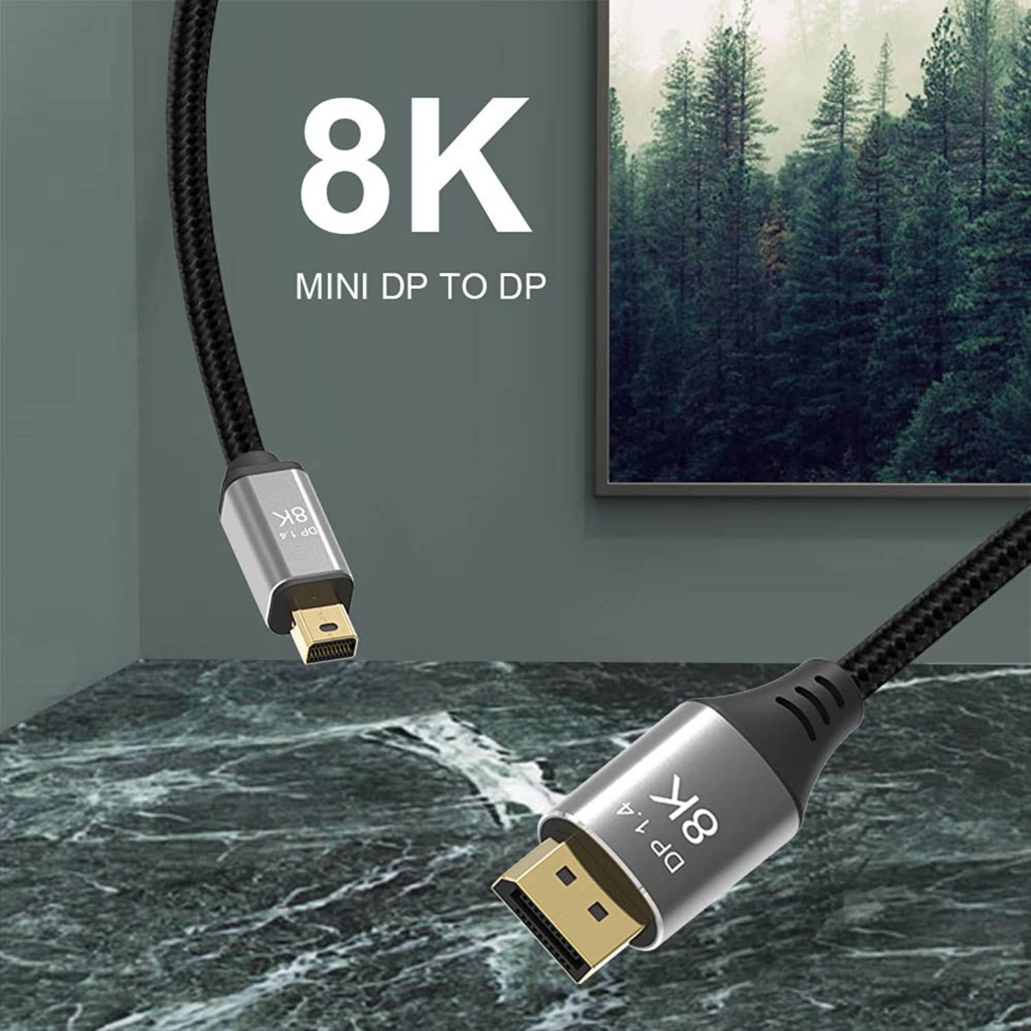 CABLEDECONN Mini DP to DisplayPort 8K Cable 8K(7680x4320)@60Hz 4K@144Hz DisplayPort 1.4 Bi-Directional Transmission DisplayPort to Mini DisplayPort 8K Cable 1M