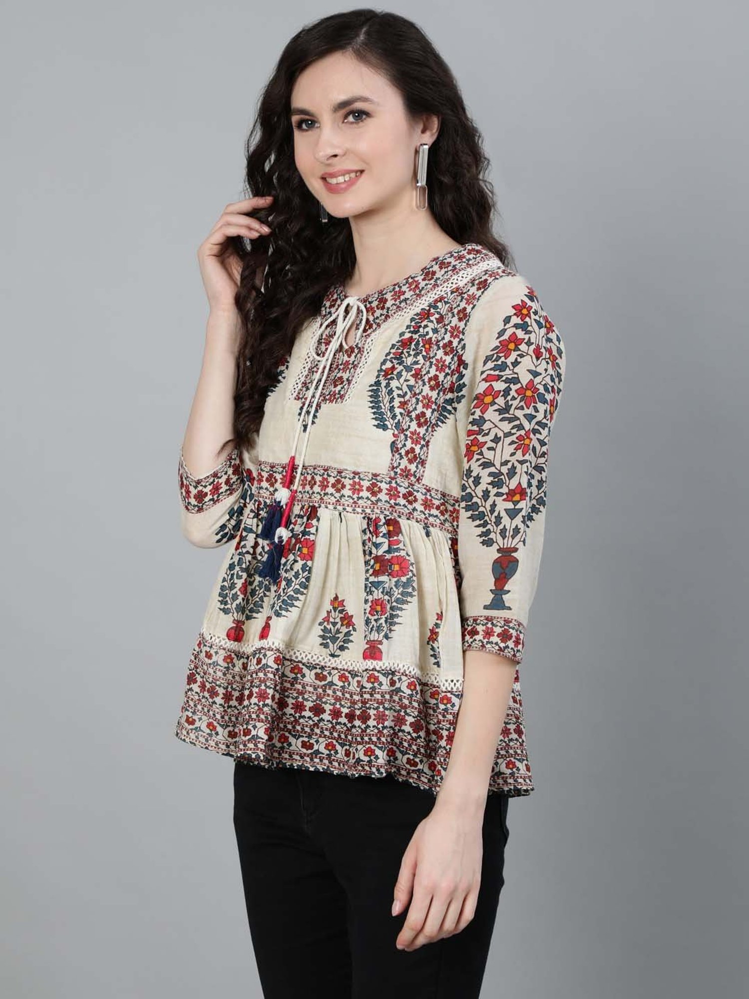 Ishin Beige Pure Cotton Embellished Top