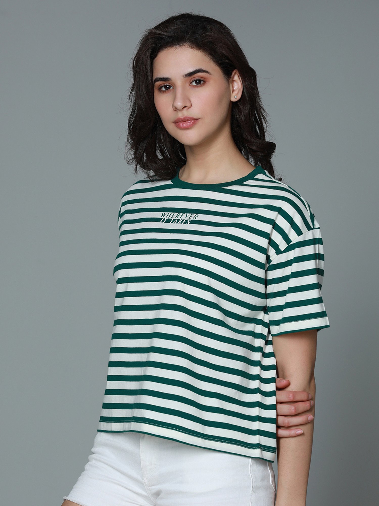 High Star Green & White Cotton Stripes T-Shirt