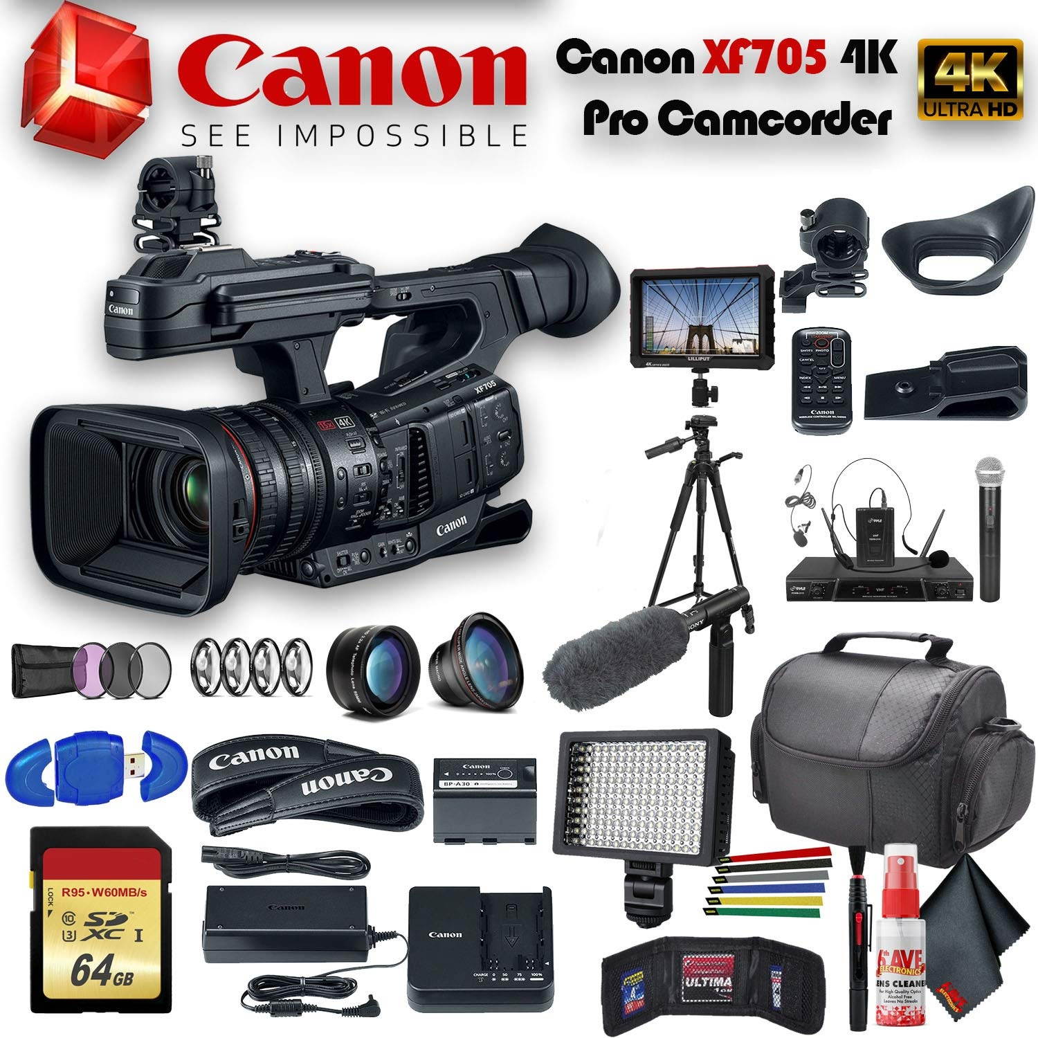 Canon XF705 4K 1" Sensor XF-HEVC H.265 Pro Camcorder (3041C002) With Tripod, Padded Case, LED Light, 64GB Memory Card, Tripod, External 4K Monitor, Sony ECM-VG1 and Much More Professional Bundle
