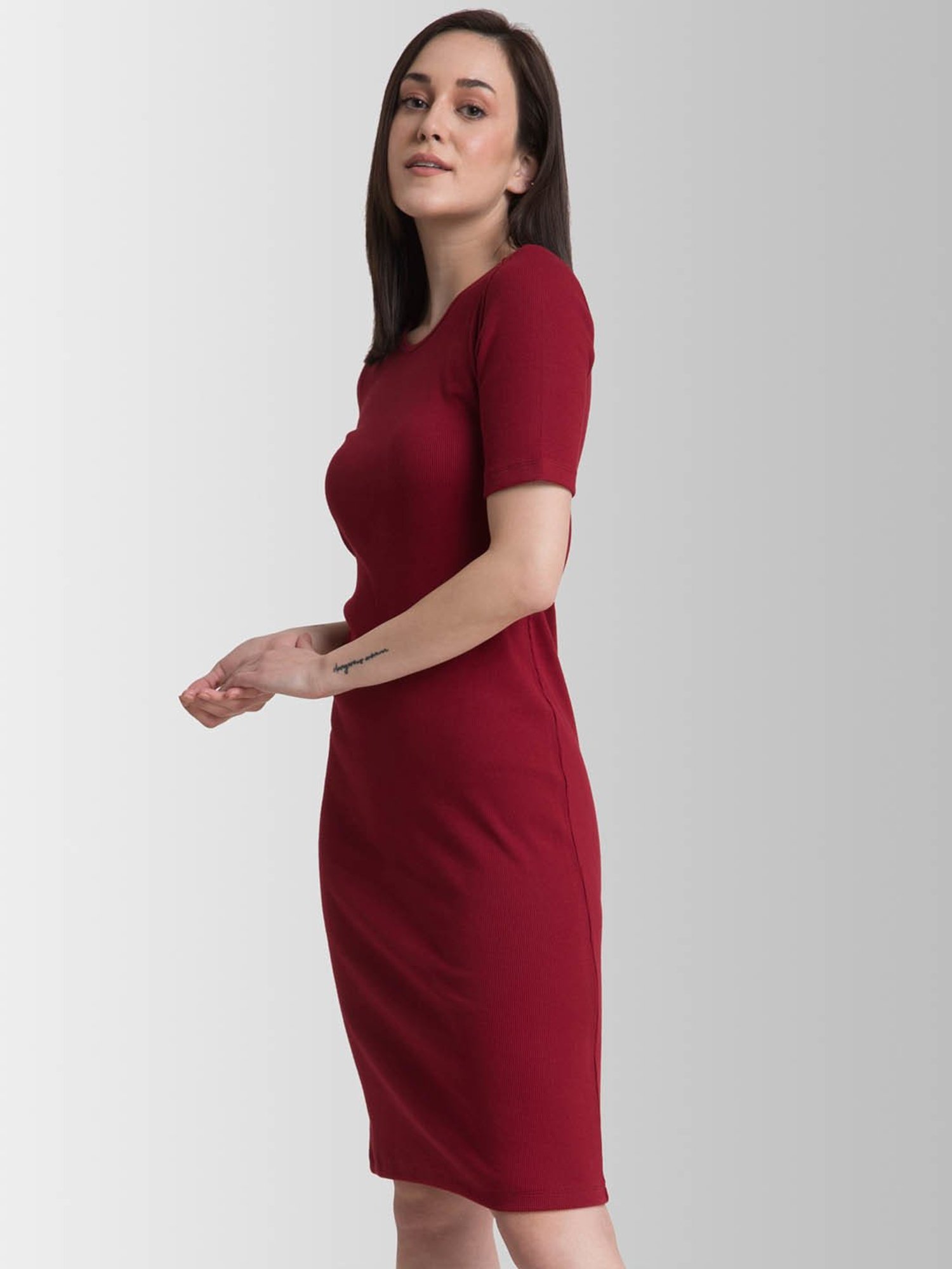 FableStreet Maroon Above Knee Bodycon Dress