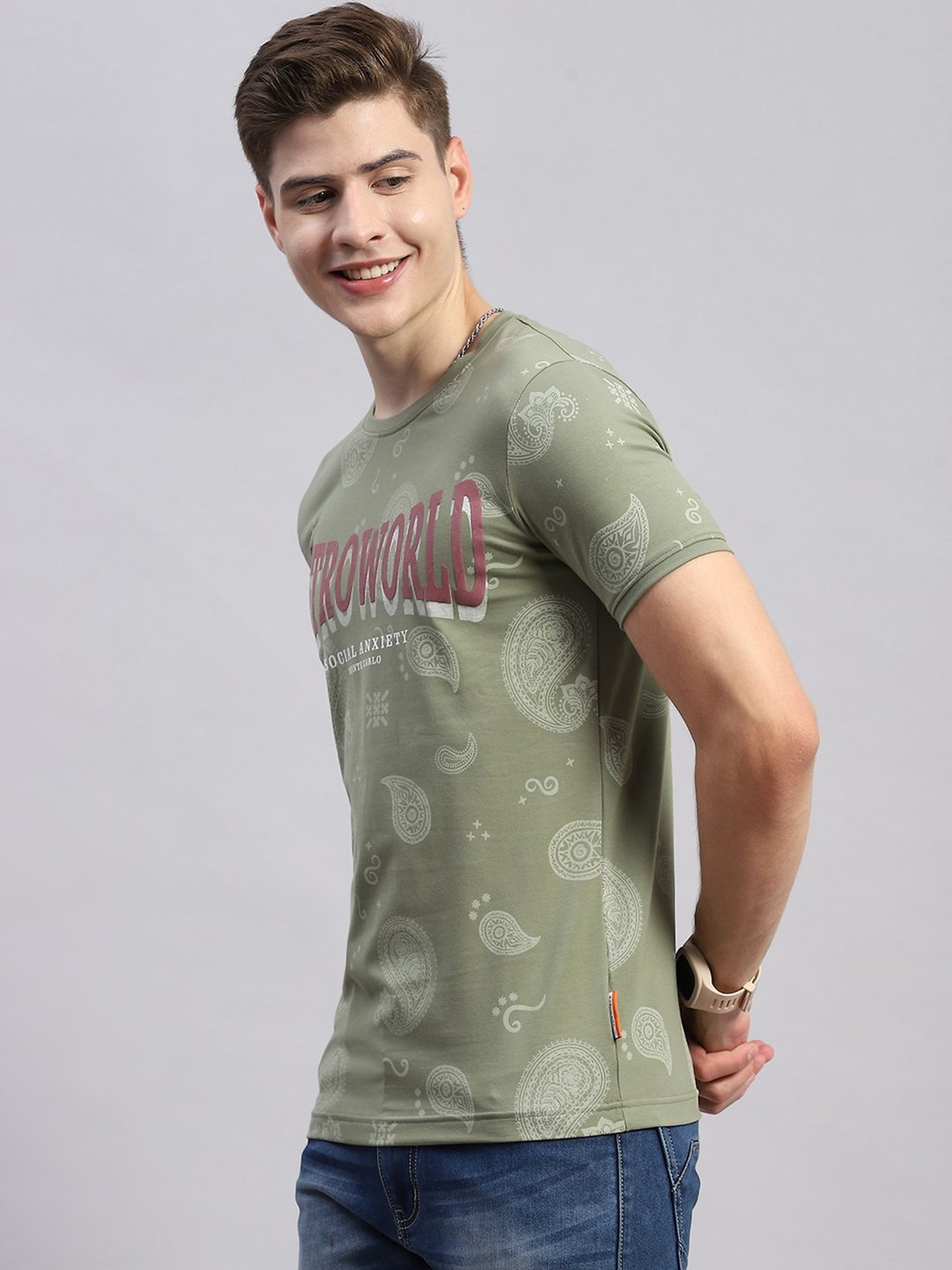 Monte Carlo Olive Smart Fit Printed T-Shirt