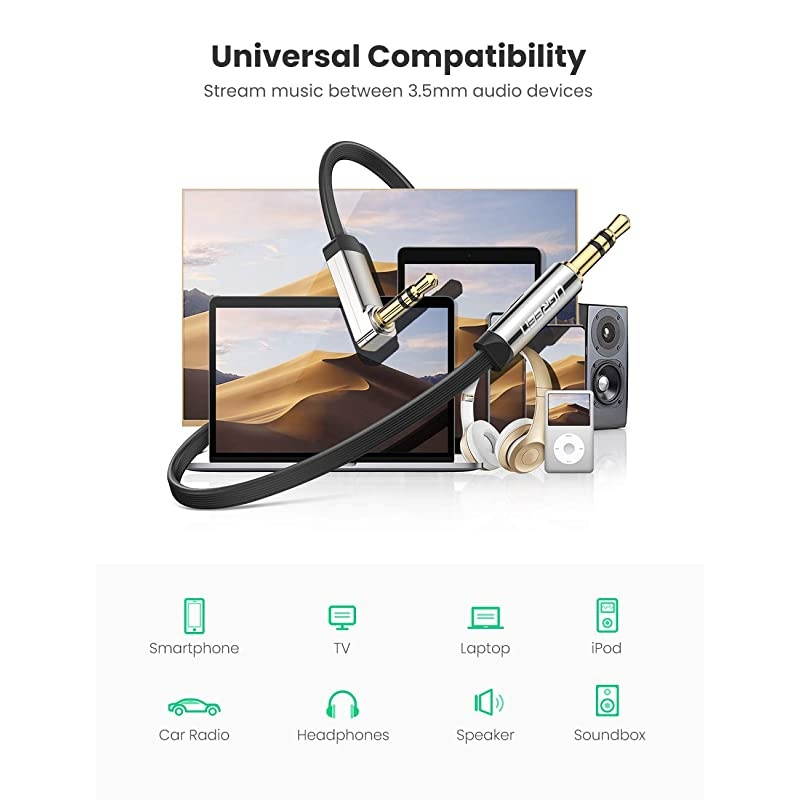 35mm Audio Cable Stereo Aux Jack to Jack Cable 90 Degree Right Angle Auxiliary Cord Compatible for Beats iPhone iPod iPad Tablets Speakers 24K Gold Plated Male to Male Black 15FT