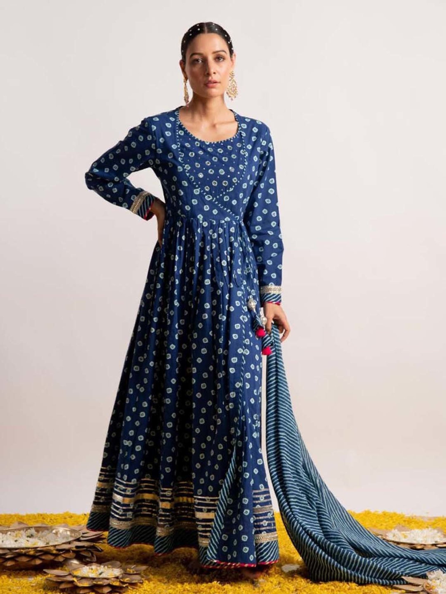 Ekohum Blue Bandhani Print Kalidaar with Leheriya Mulmul Dupatta