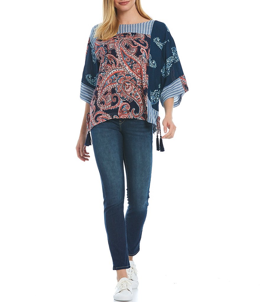 Tru Luxe Jeans Round Neck 3/4 Sleeve Mixed Print Side Tie Top