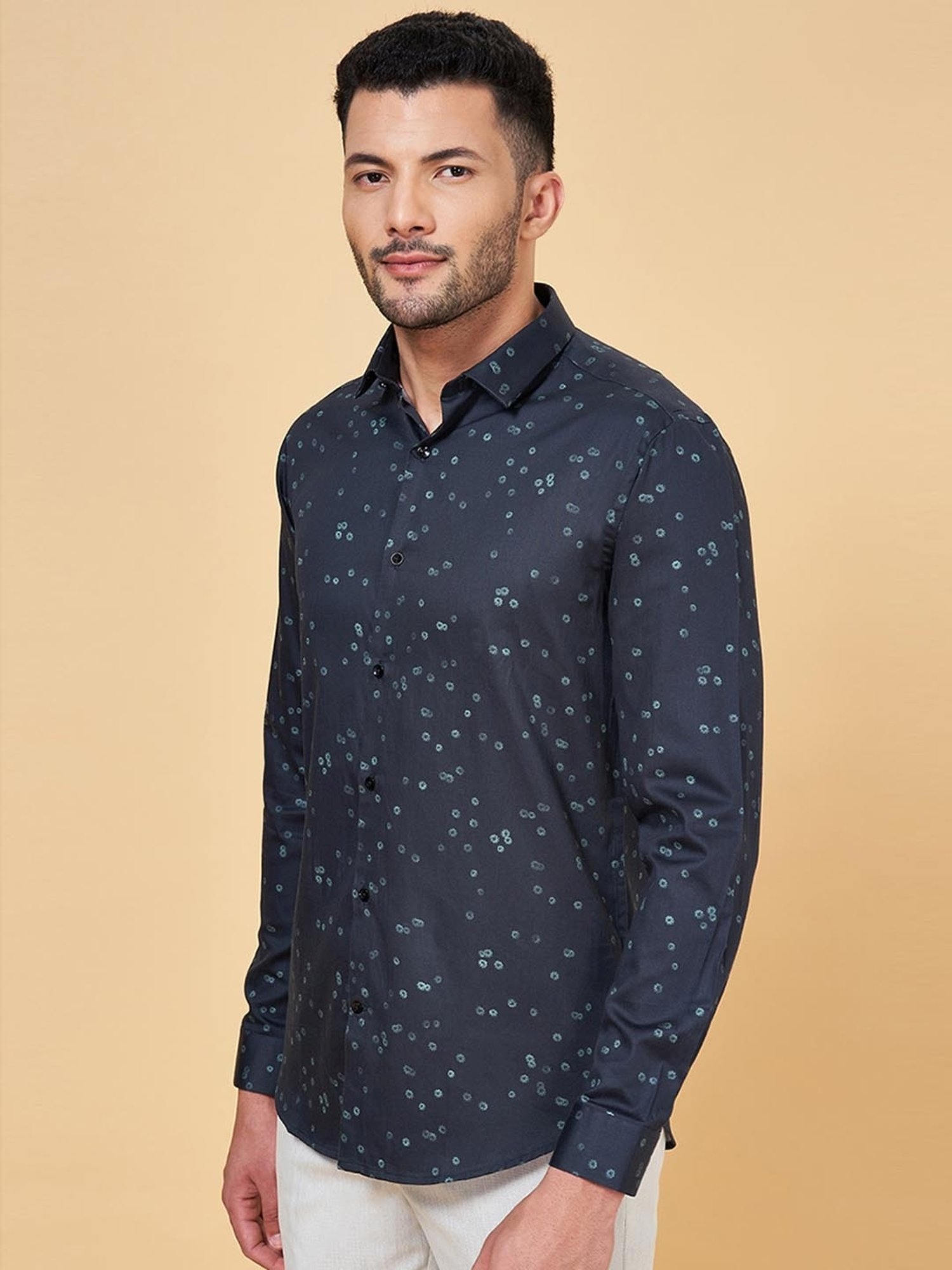 Peregrine by Pantaloons Navy Cotton Slim Fit Printed Shirt