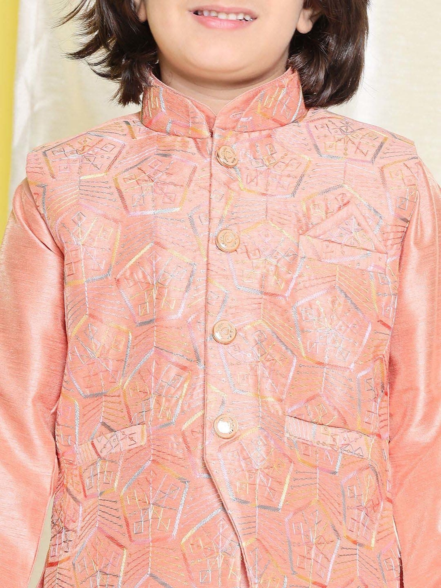 AJ Dezines Kids Peach Embroidered Full Sleeves Kurta Set