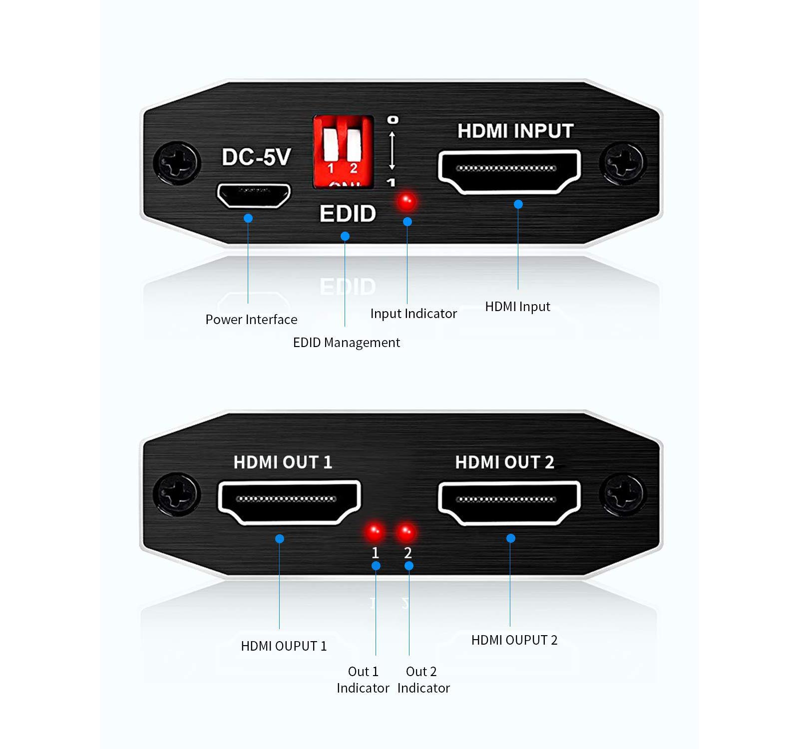 Easyday HDMI Splitter 1 in 2 Out, 1x2 HDMI 2.0b HDCP 2.2 Splitter, 4k@60Hz HDR,4:4:4,DTS-HD/Doby-True HD, Scaler EDID, for Xbox PS4 PS3 Fire Stick Roku Blu-Ray Player Apple TV HDTV