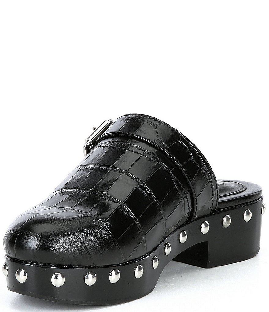 Schutz Smooshy Croco Print Leather Nailhead Buckled Strap Platform Mule Clogs