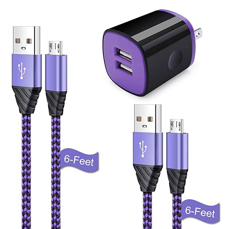 Plug Charging Block Dual USB Wall with 2 Pack Micro USB Cable Android Cord Compatible for Samsung Galaxy J7V J8 J7 CrownPrimeStarSky ProRefine S7 S6 PlusEdgeActive