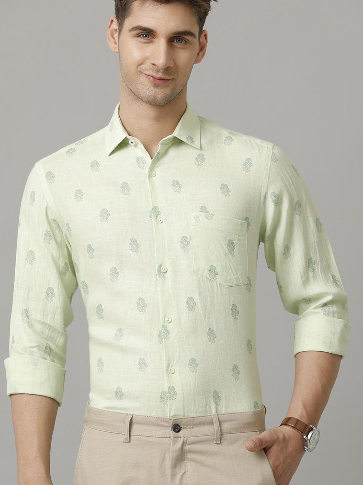 Linen Club Green Linen Contemporary Fit Printed Shirt