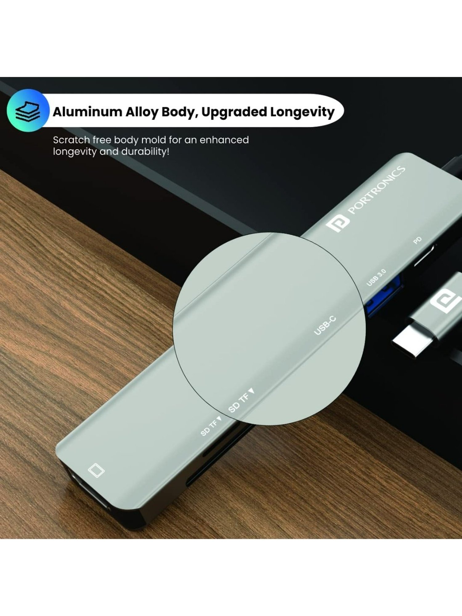 Portronics Mport 52 7-in-1 Type C Hub with 10Gbps Data Transfer, Type C PD 60W Port (Grey)
