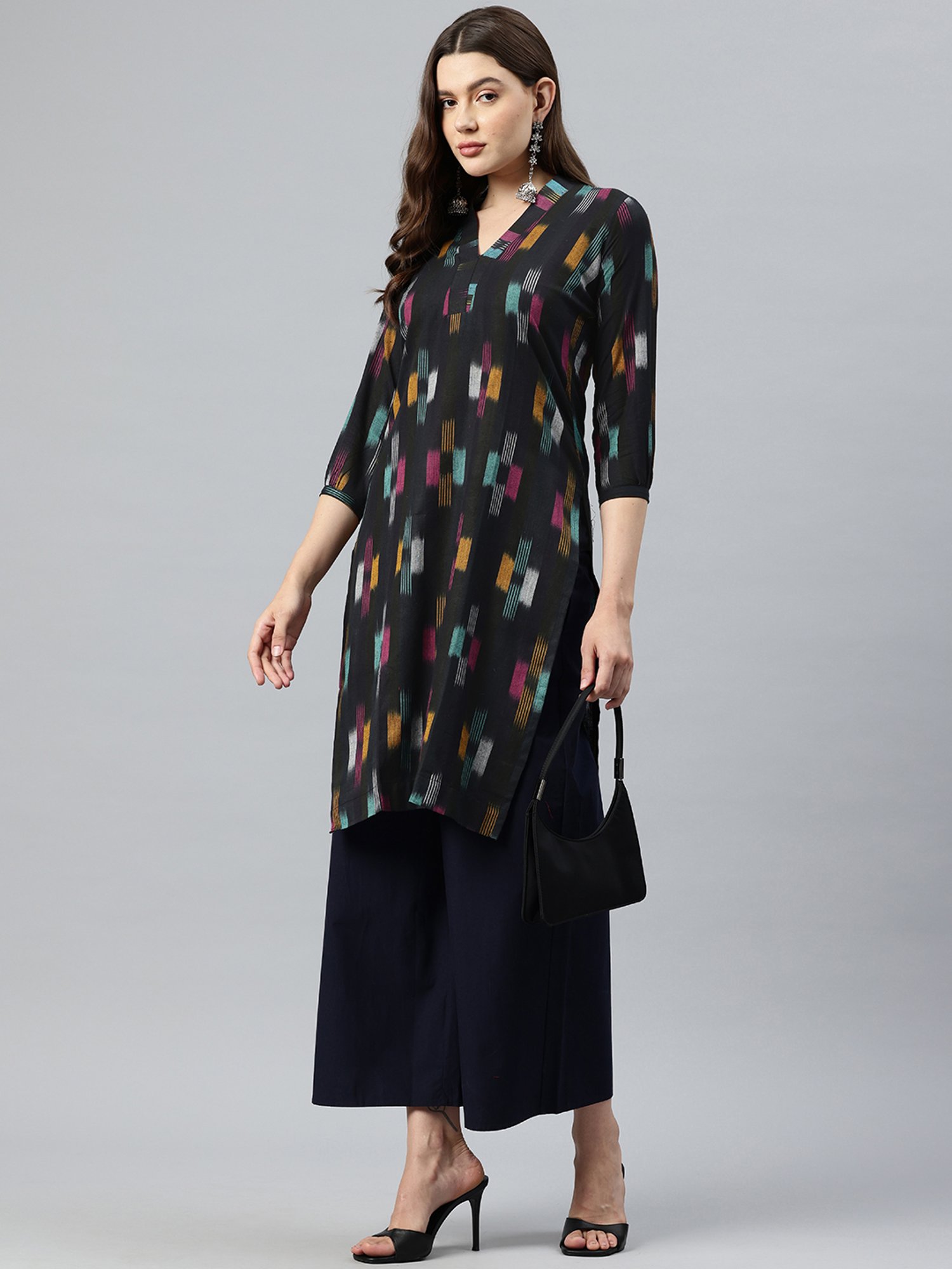 One Femme Black Cotton Ikat Print Straight Kurta