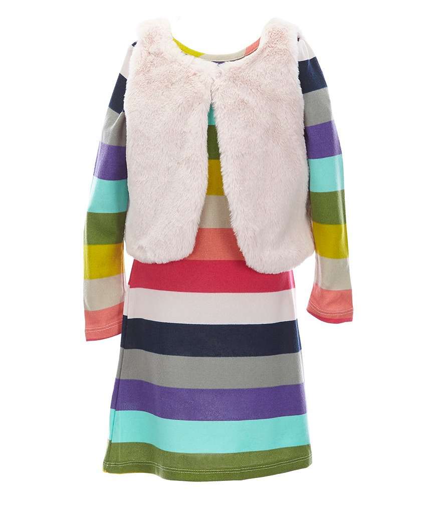 Rare Editions Little Girls 2T-6X Faux-Fur Vest & Striped Hacci Shift Dress Set