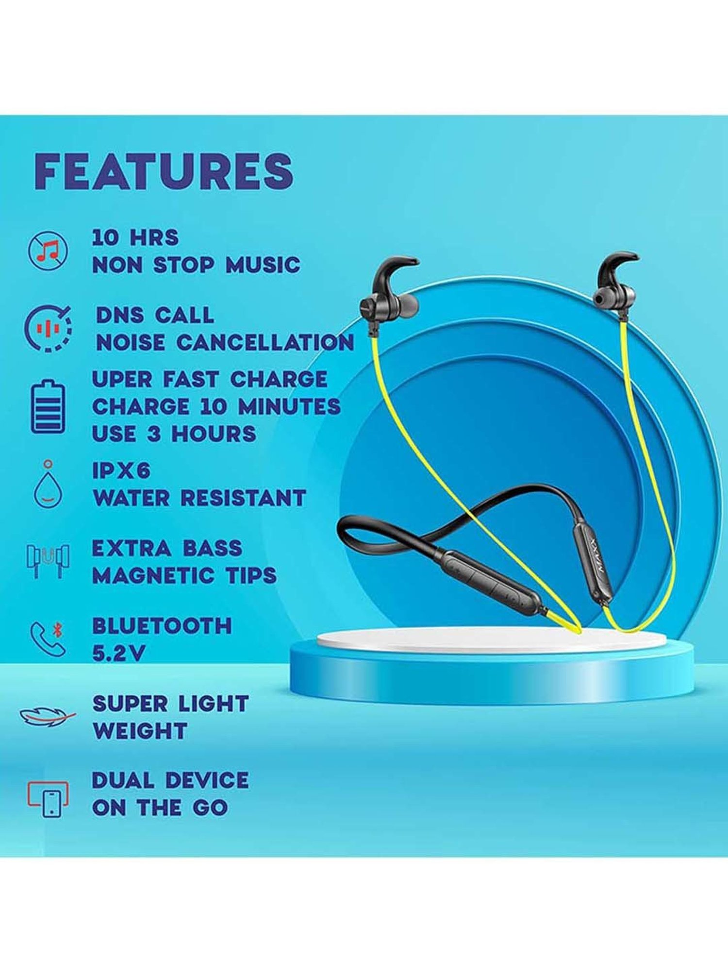 Maxx NX10 Wireless Neckband with Rapid Charge (Black/Yellow)