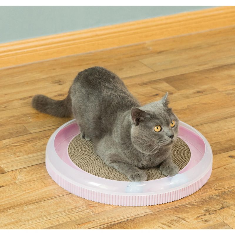 PawsMark Pink 4 in 1 Interactive Round Cat Scratcher, Lounge, Toy and Brush