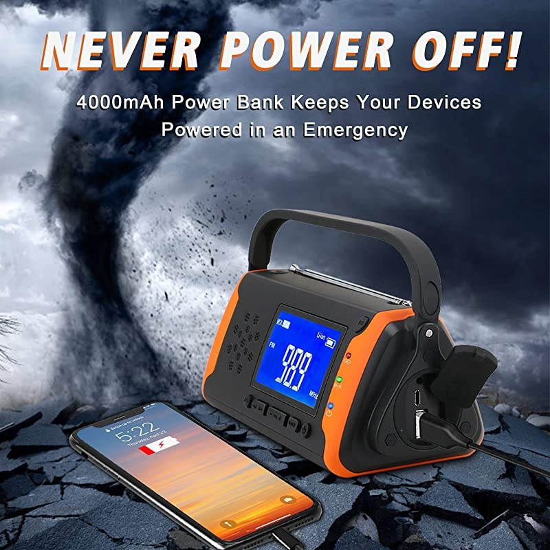 Weather Crank Radio 4000mAh Portable Solar Powered Hand Crank AMFMNOAA Weather Alert Radio Aux Music Play USB Cell Phone Charger SOS Alarm LED Flashlight for HurricanesTornadoes
