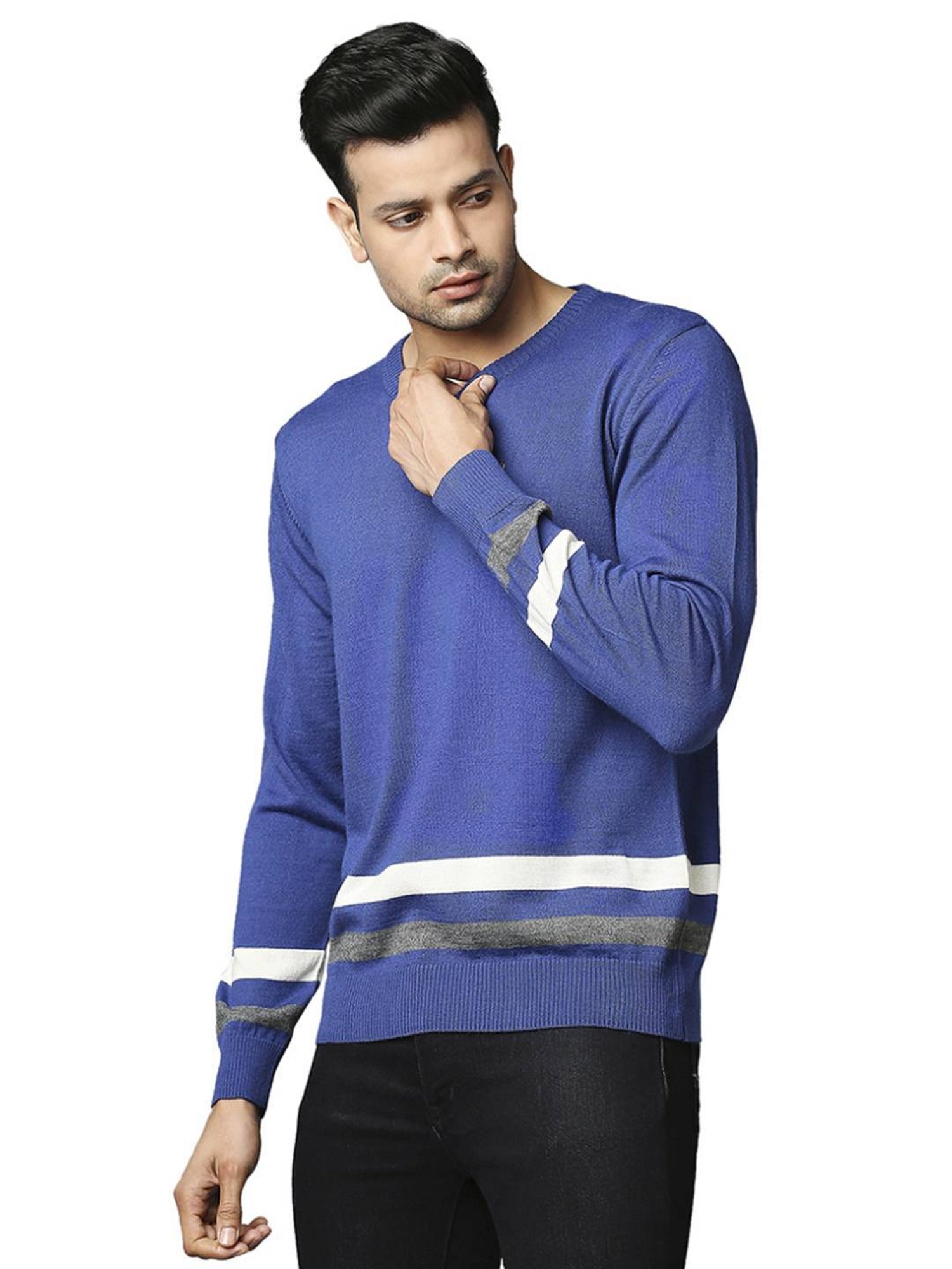 Raymond Blue  Regular Fit Striped Sweaters