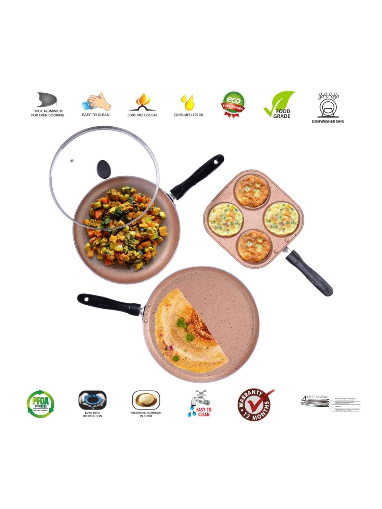 Sumeet Nonstick Granite 3pc Cookware Set (Mini Multi Snack Maker,Dosa Tawa,Fry Pan With Glass Lid)