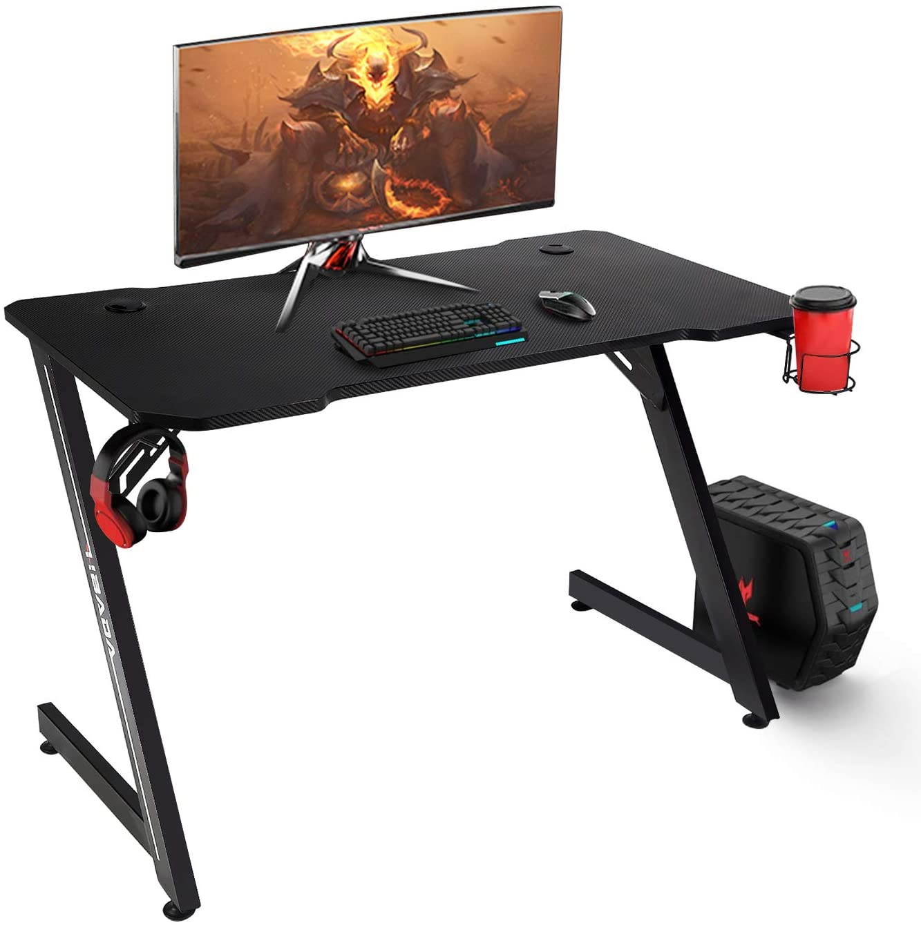 43 inch Gaming Computer Desk, Home Office PC Desk, Z-Shape Racing Style Game Station with Double Cable Manage Hole, Sturdy Ergonomic E-Sports Desk with Cup Holder and Headphone Hook, Black