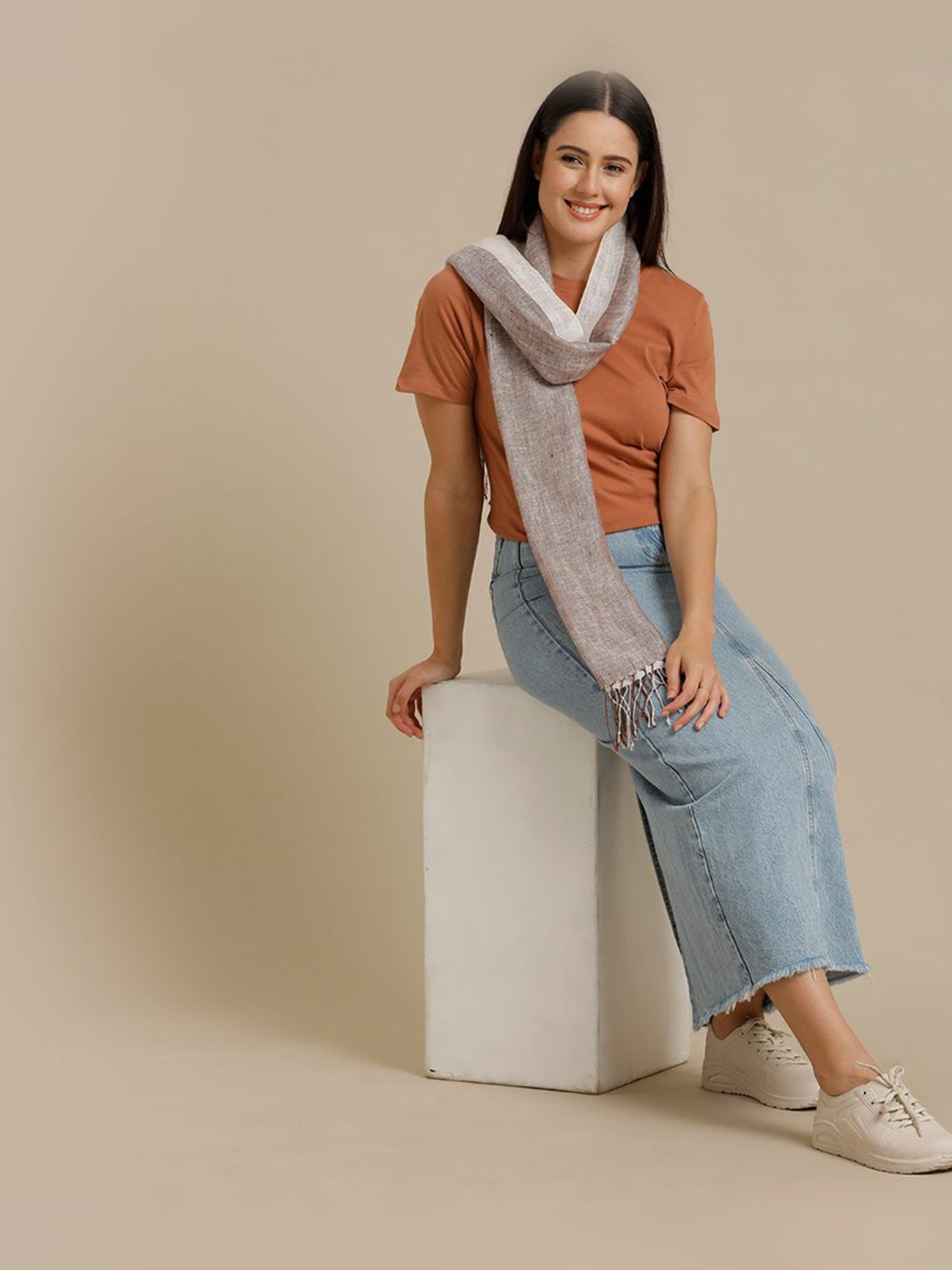 Linen Club Brown Striped Pure Linen Stole