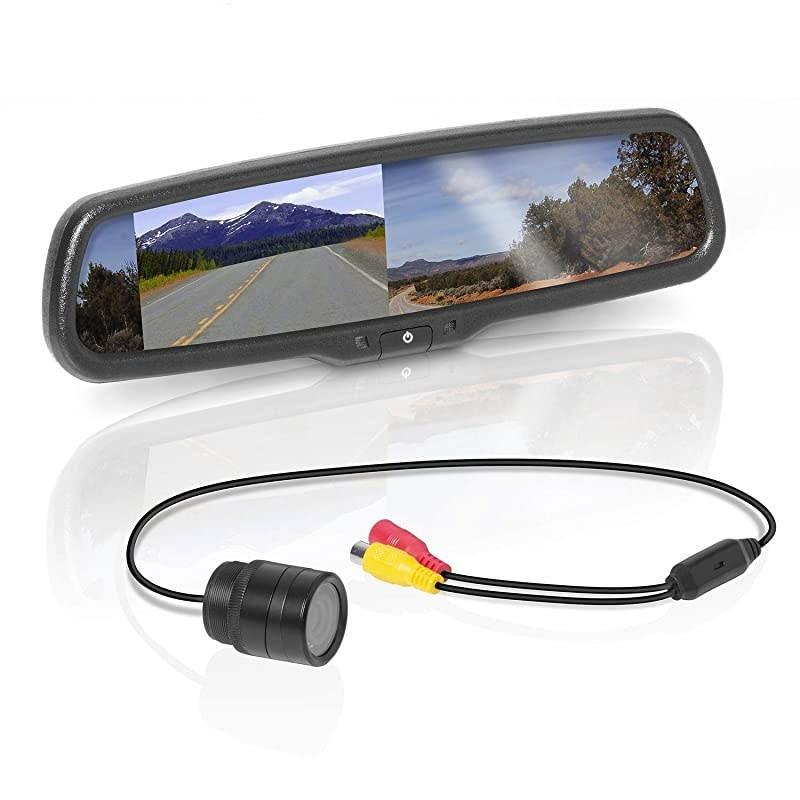 BV430RVM Rearview Car Mirror with 4.3 Inch Built in High Resolution Digital Monitor - Includes Weatherproof Rearview Backup Camera and Brackets