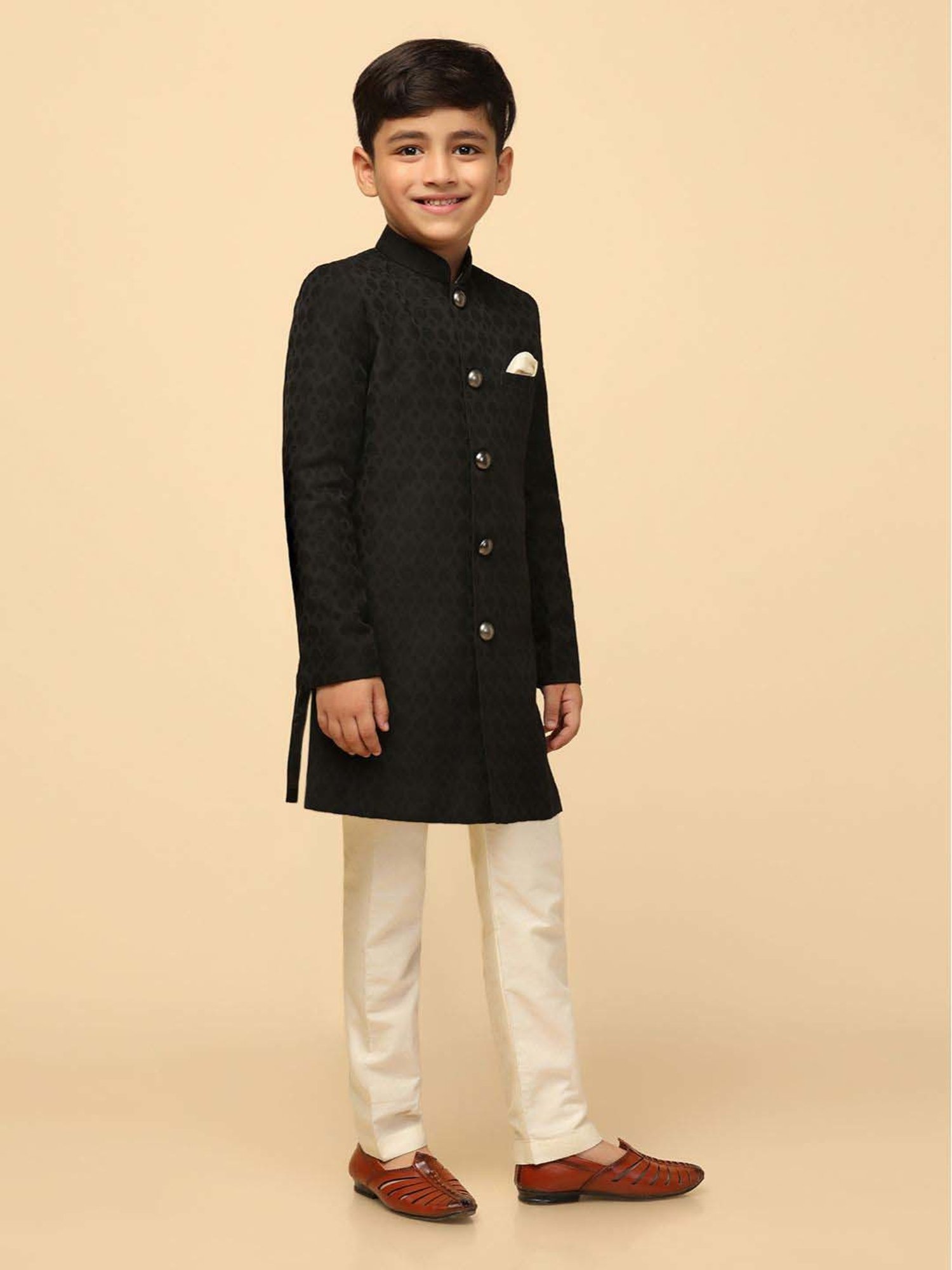 KISAH Boys Black Jacquard Full Sleeves Indowestern Sets