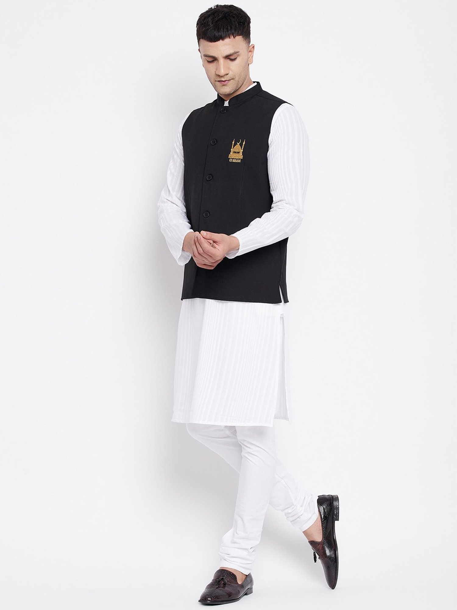 Even White & Black Kurta Churidar Set With Nehru Jacket