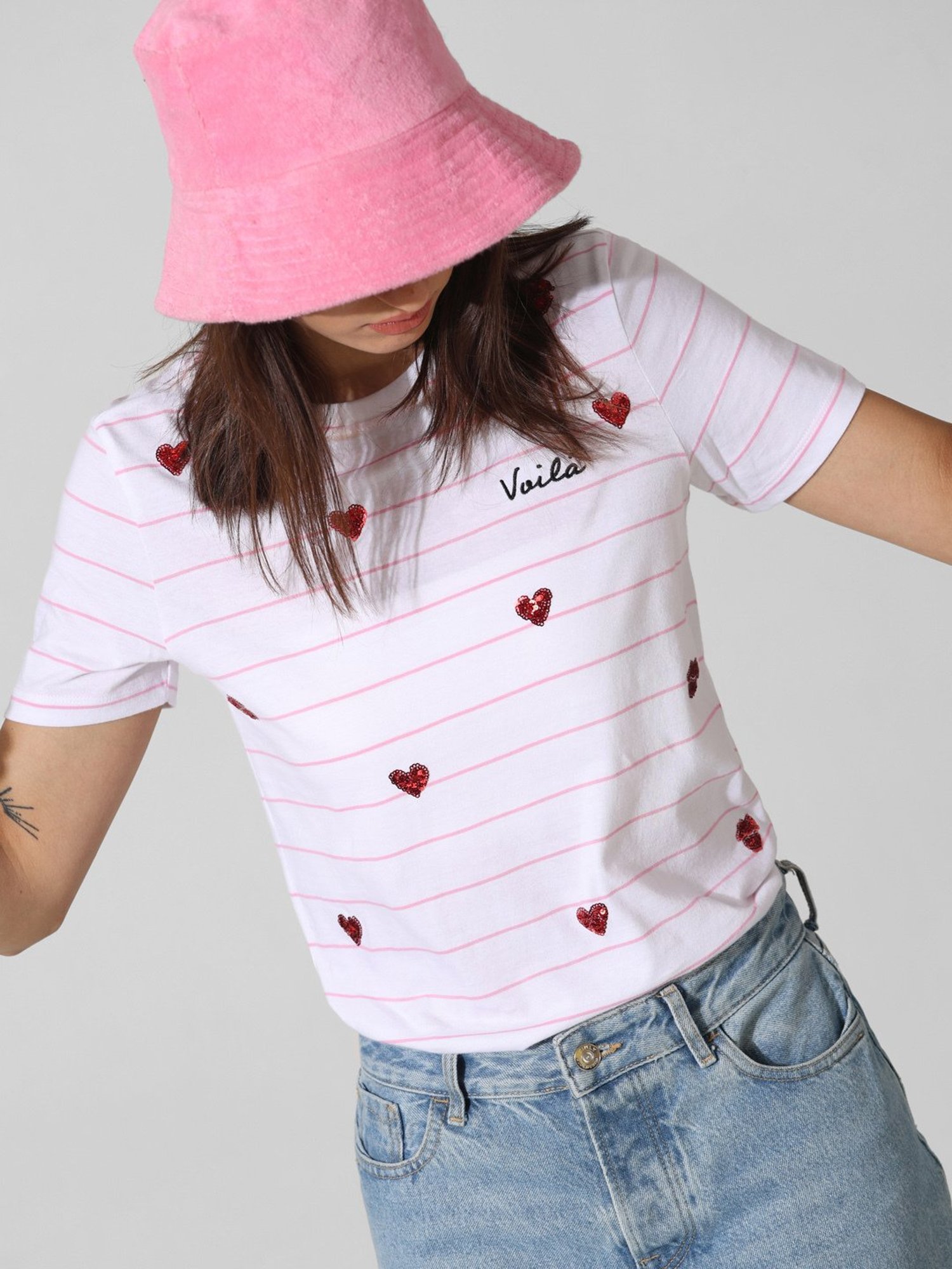 Only White & Pink Cotton Embellished T-Shirt