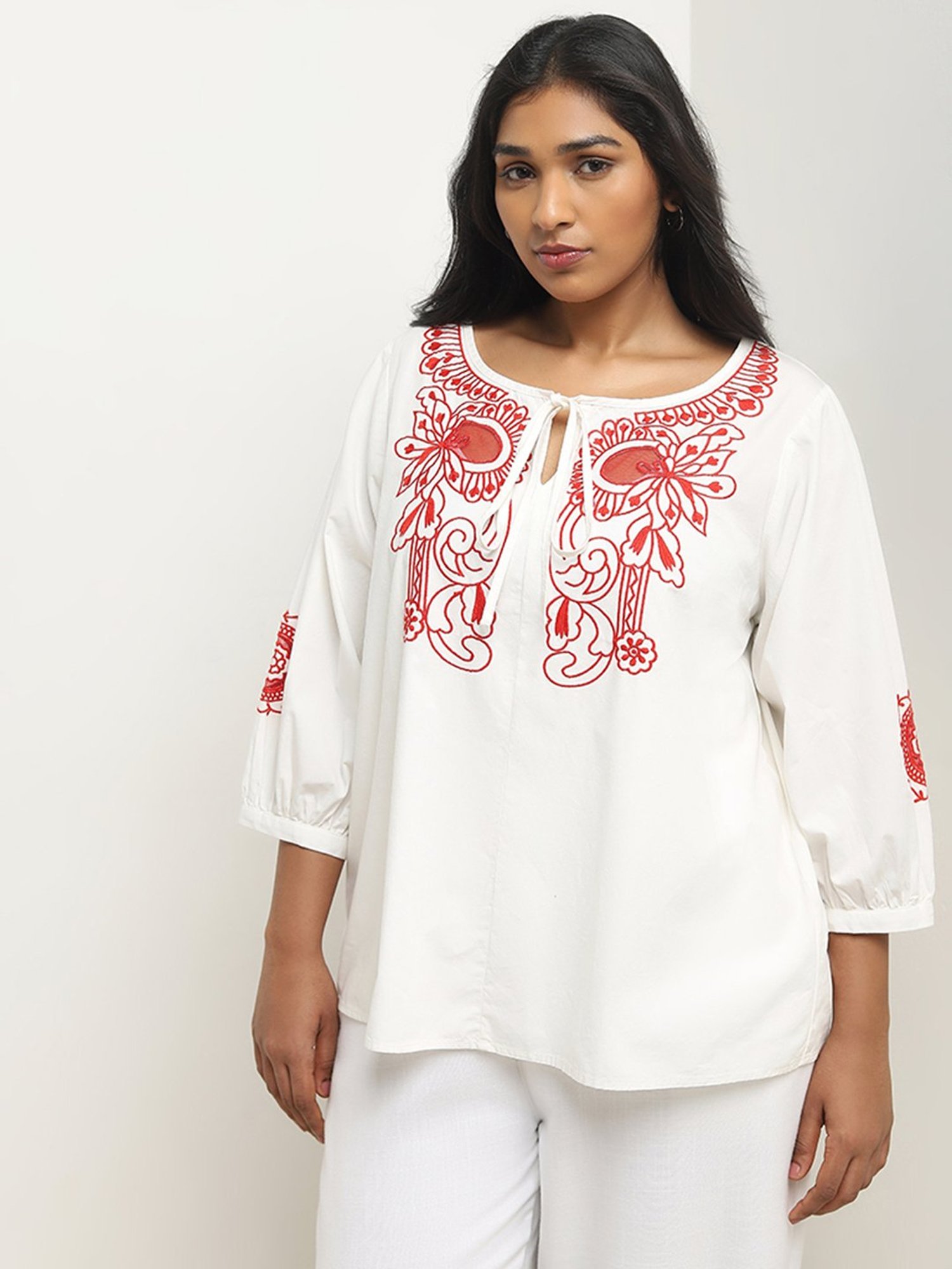 Gia by Westside White Embroidered Cotton Blouse