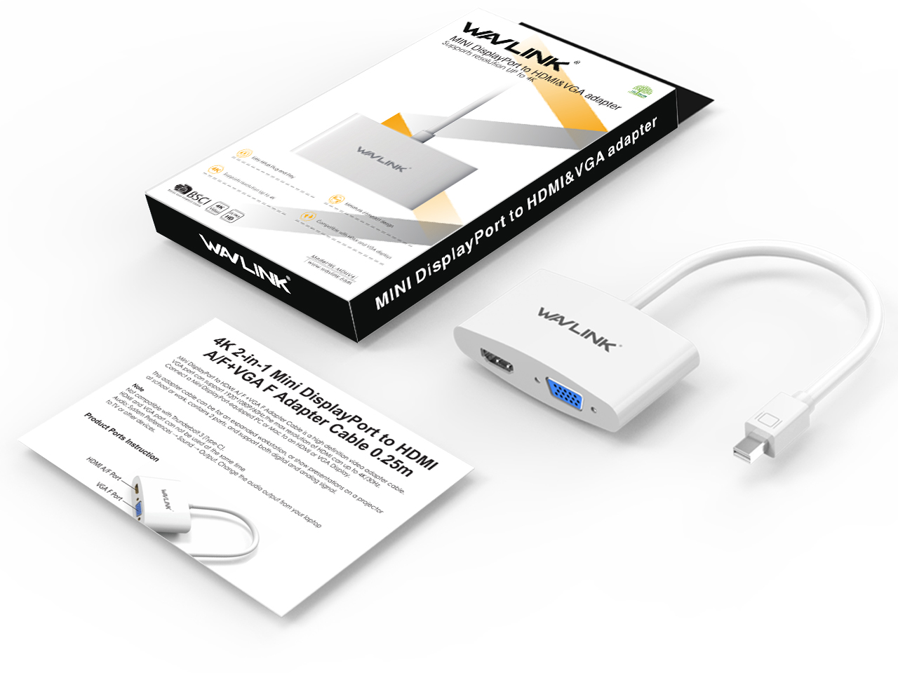 Wavlink Mini DisplayPort to HDMI VGA Adapter 4K, Thunderbolt 2 mDP to VGA HDMI Monitor Converter For Apple Mac Book Air MacBook Pro, Surface Pro 1 2 3 4 6, Surface book laptop 2, Surface Studio, White