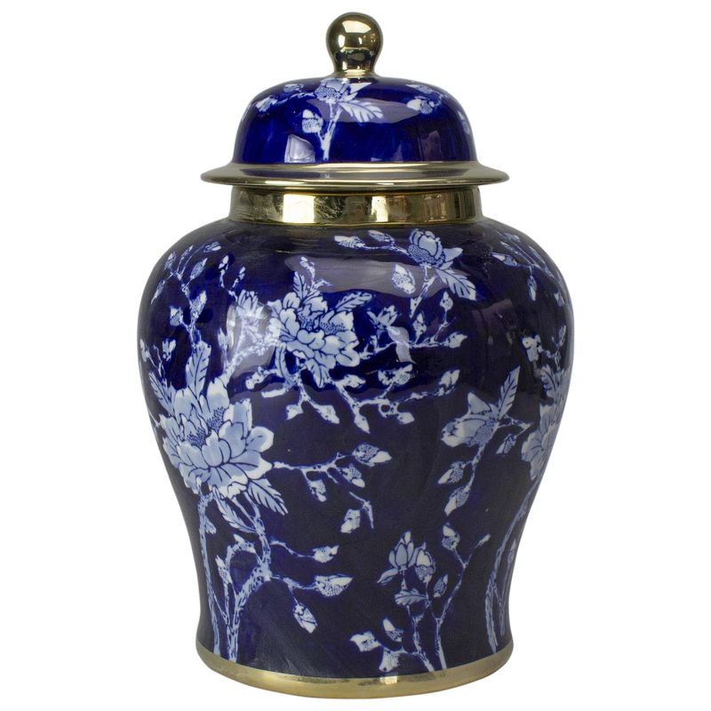 Raz Imports 16.5" Blue and White Floral Jar with a Gold Stripe