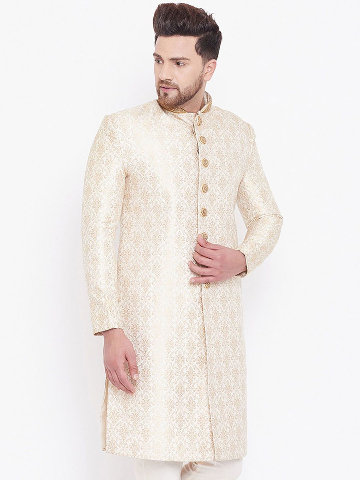 Vastramay Beige Straight Fit Printed Sherwanis