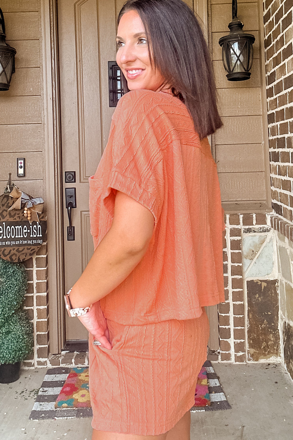 Skobeloff Textured Ruffle Split Top and Drawstring Shorts Set