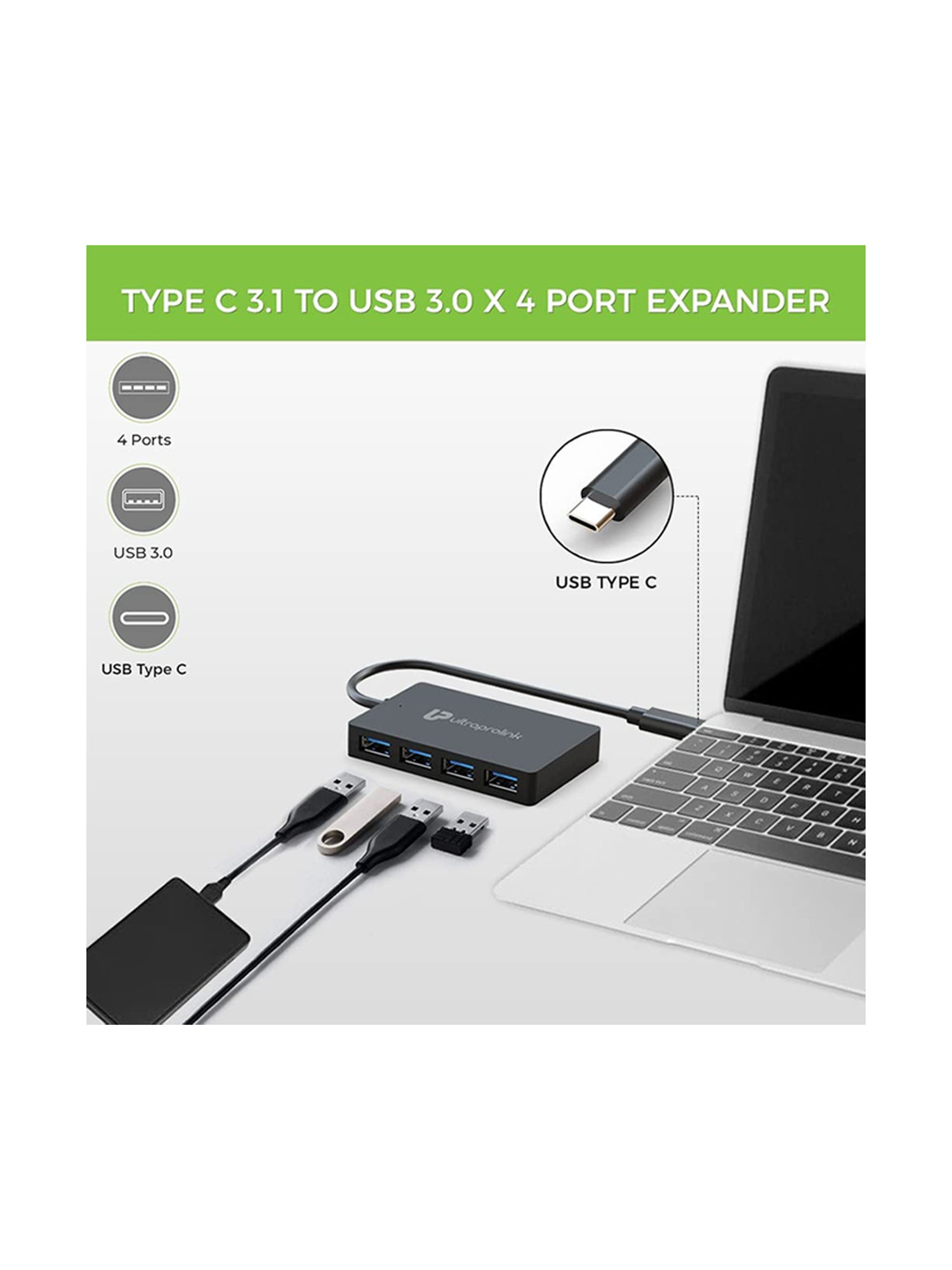 UltraProlink UL1054 iExpand USB Type C 3.1 (Gen 1) to USB-A 3.0 x 4 Port Hub