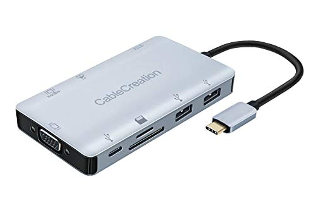 9 in 1 USB C Hub, CableCreation USB Type C to HDMI+VGA Dual Display, Ethernet, 2 USB 3.0, SD/Micro SD Slot, USB C and 100W PD Dock Thunderbolt 3 Compatible, for MacBook Pro/Air, Dell XPS and More