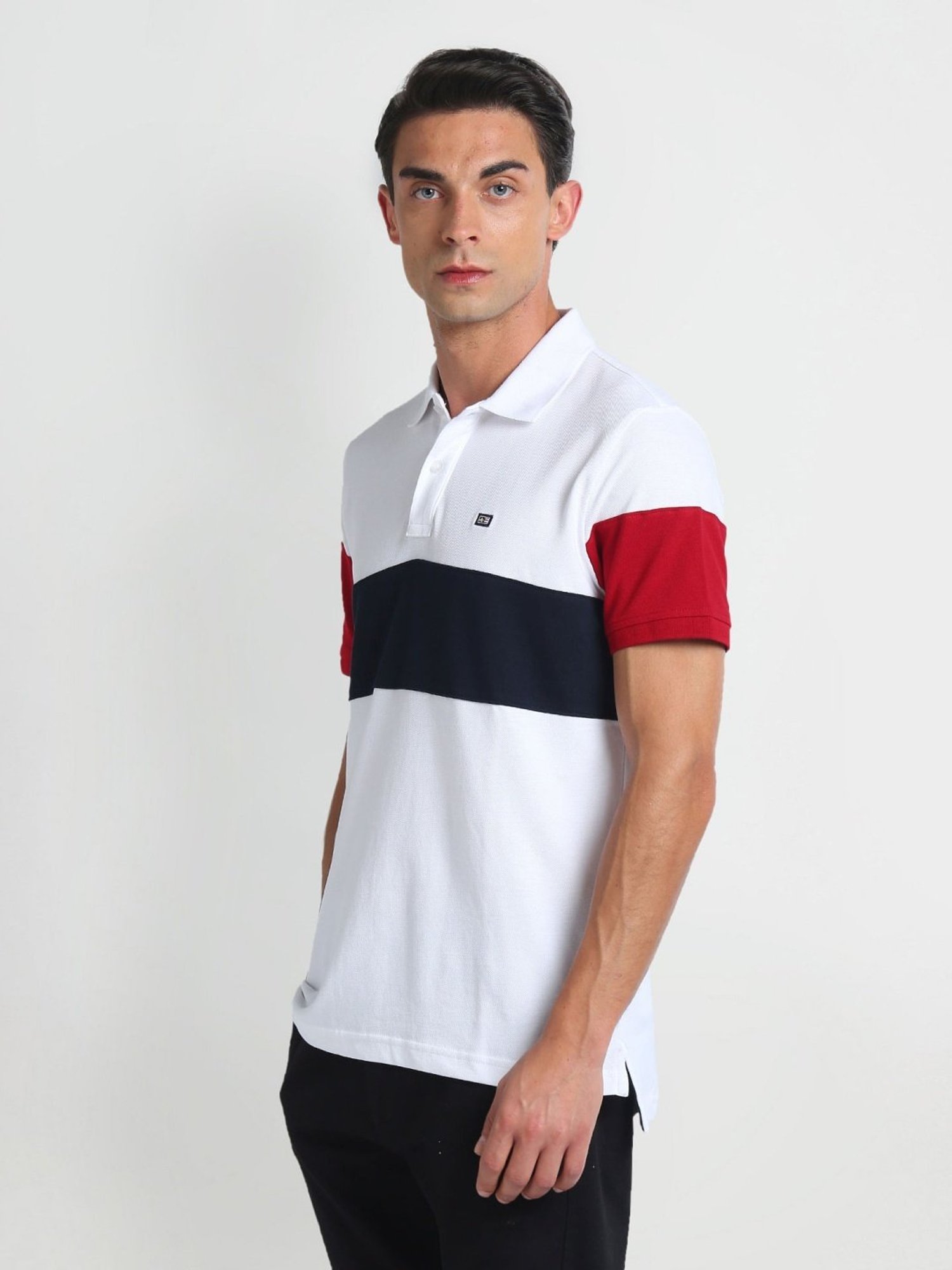 Arrow Sports White Cotton Regular Fit Colour Block Polo T-Shirt