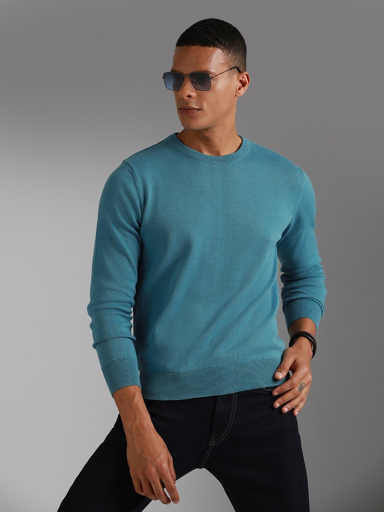 High Star Blue Cotton Regular Fit Sweater