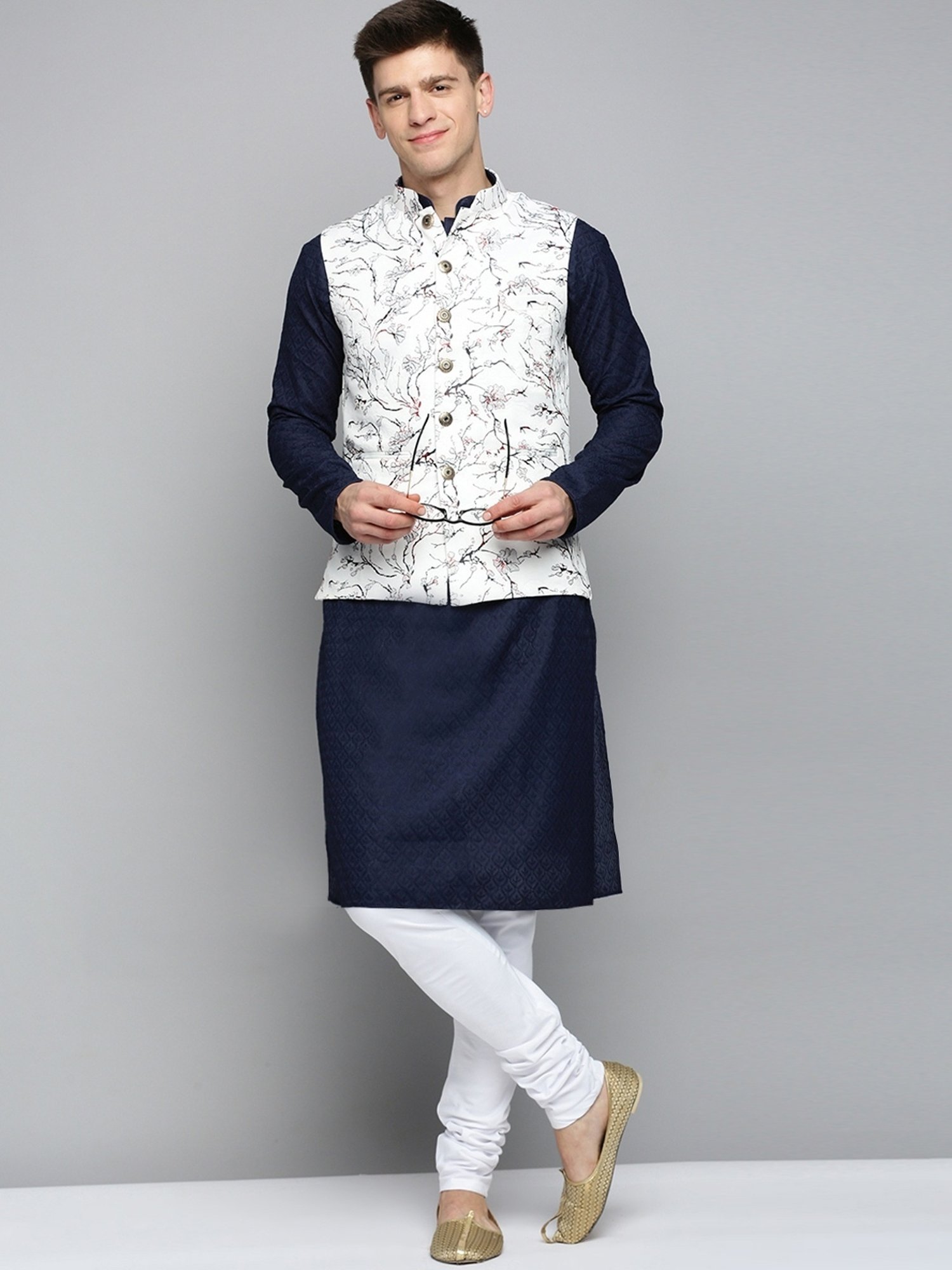 Showoff White Regular Fit Printed Nehru Jacket