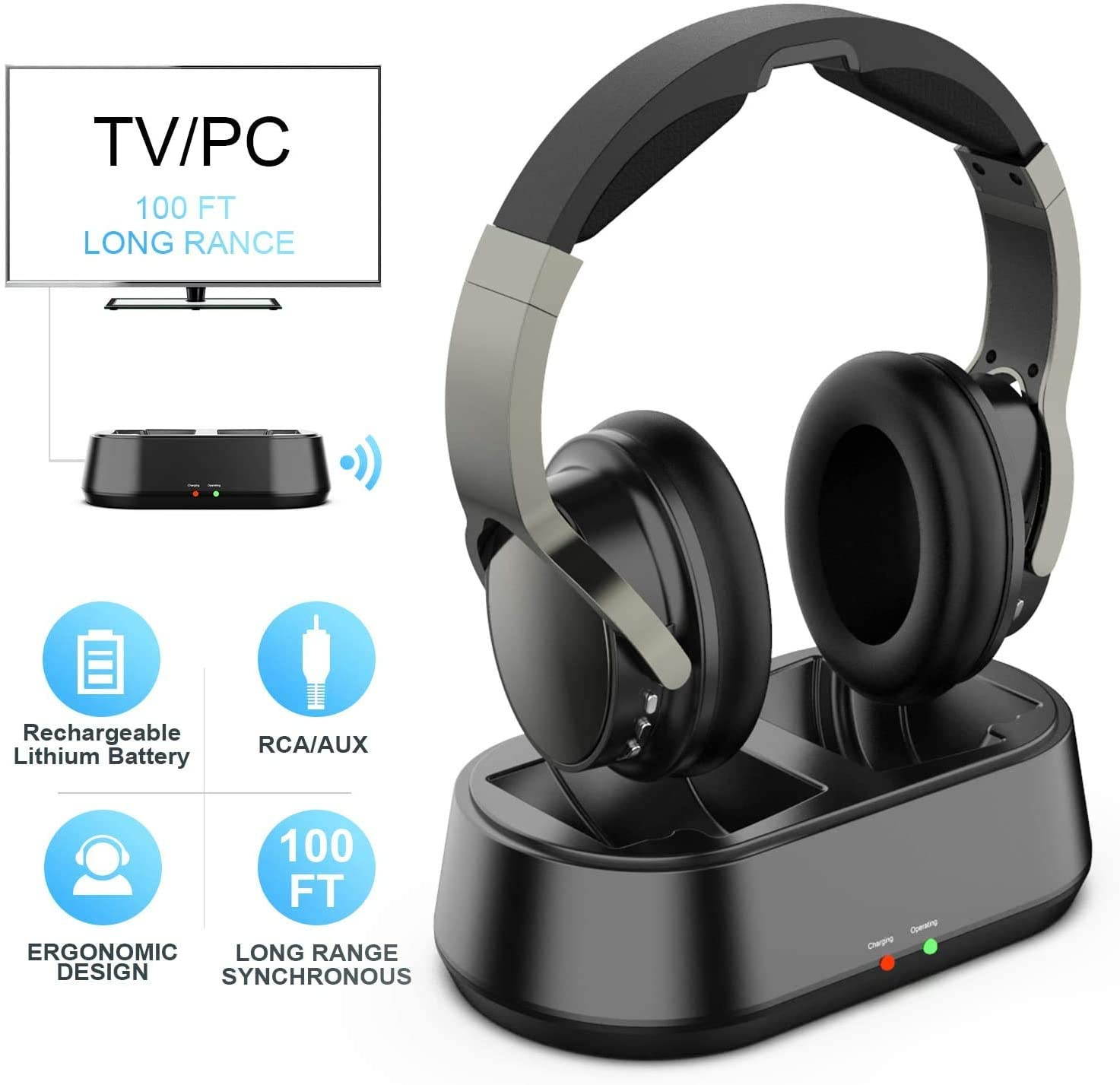 DIGITNOW Wireless TV Headphones with Transmitter Dock, Over-Ear Cordless Headset with RCA / 3.5MM Input, for Watching Home Television Game 100 Feet Play Range