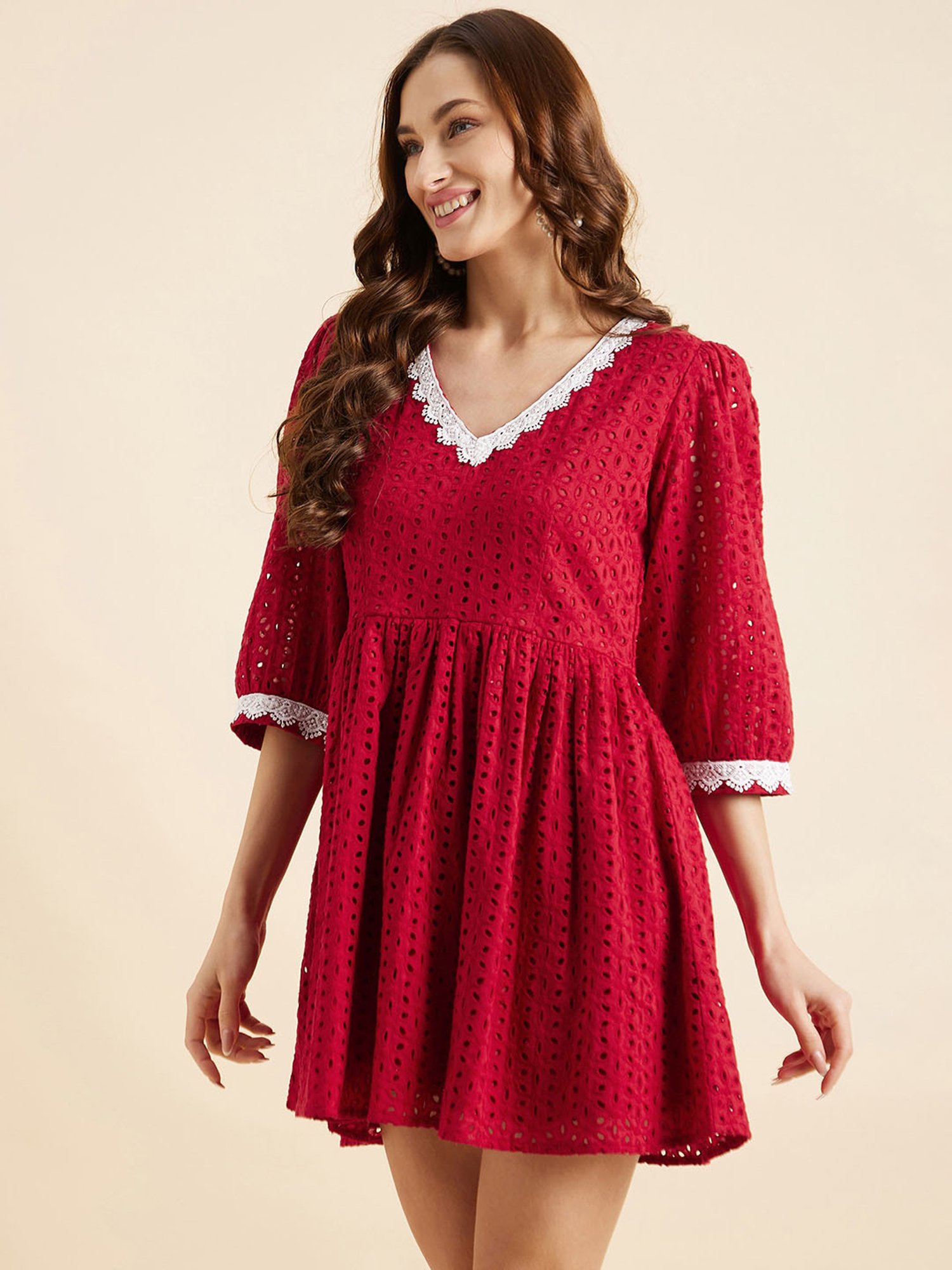 PANIT Maroon Cotton Embroidered Ethnic Dress