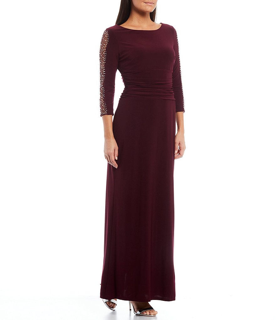 Ignite Evenings Embellished 3/4 Sleeve Ruched Bodice Column Gown
