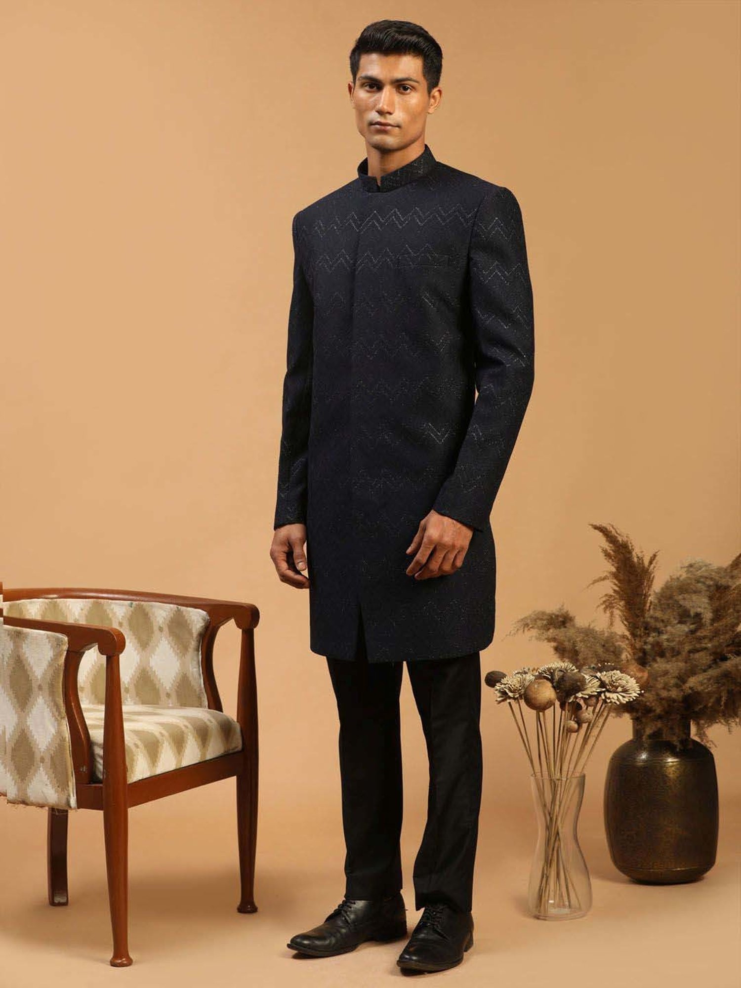 Vastramay Navy Regular Fit Embellished Sherwani Set