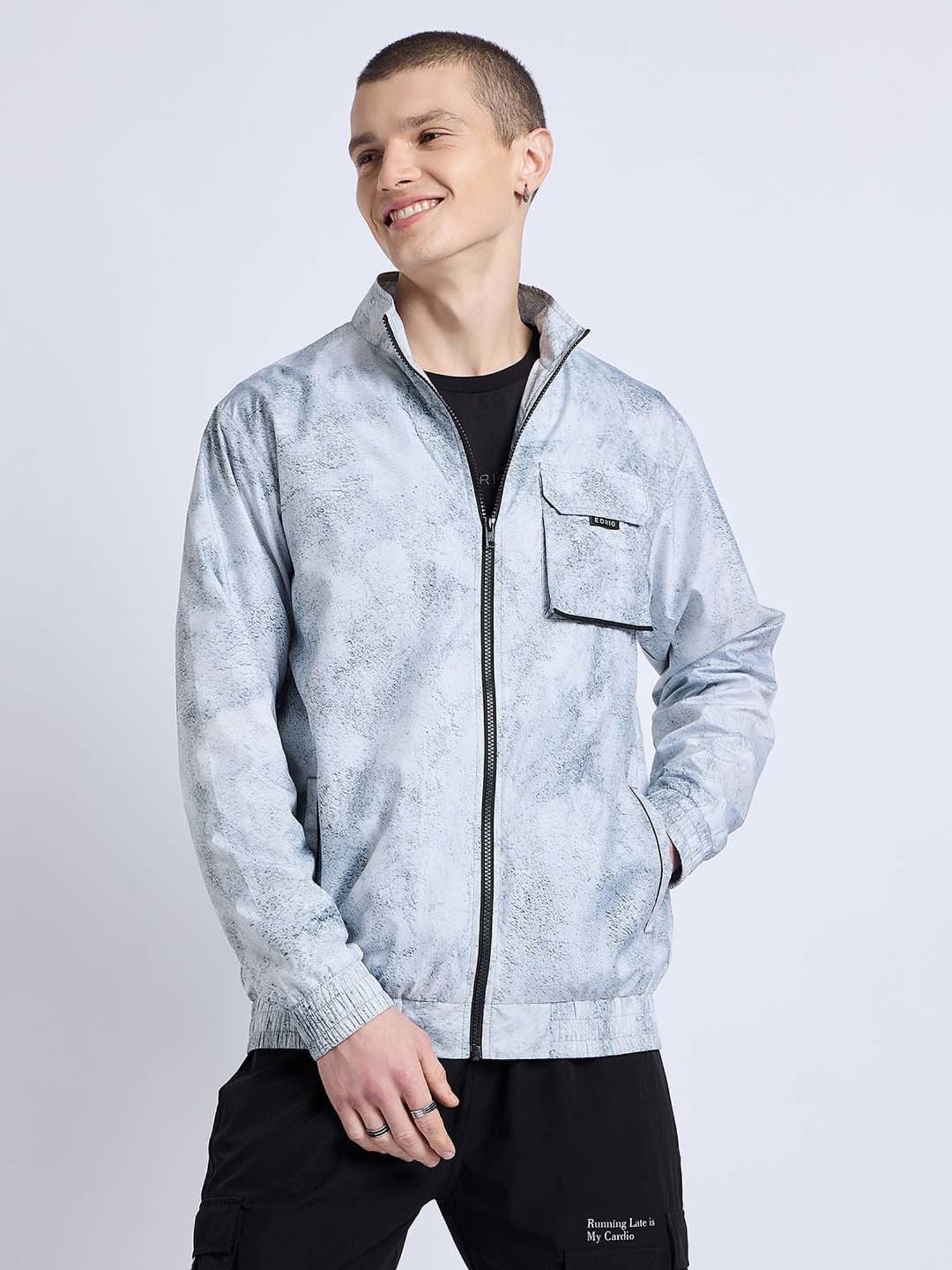 EDRIO Grey Regular Fit Printed Jacket